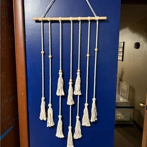 EARTHBOUND Cotton Tassel Wall Hanging - Cream on Blue